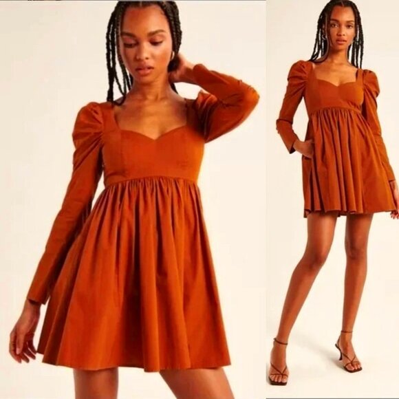 ABERCROMBIE & FITCH *Deadstock* Long-Sleeve Poplin Babydoll Dress in Paprika (M) - Picture 1 of 12